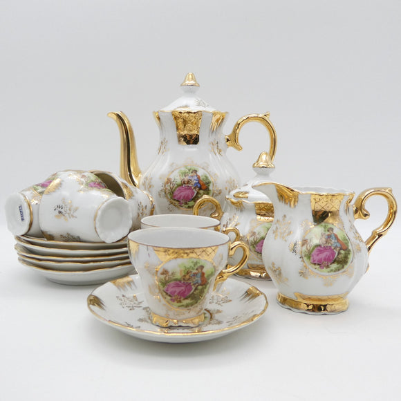Japanese-made - Courting Couple with Gold Accents - 15-piece Coffee Set