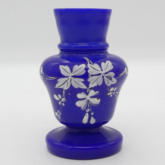 Vintage - Blue Glass with Hand-painted White Flowers - Vase